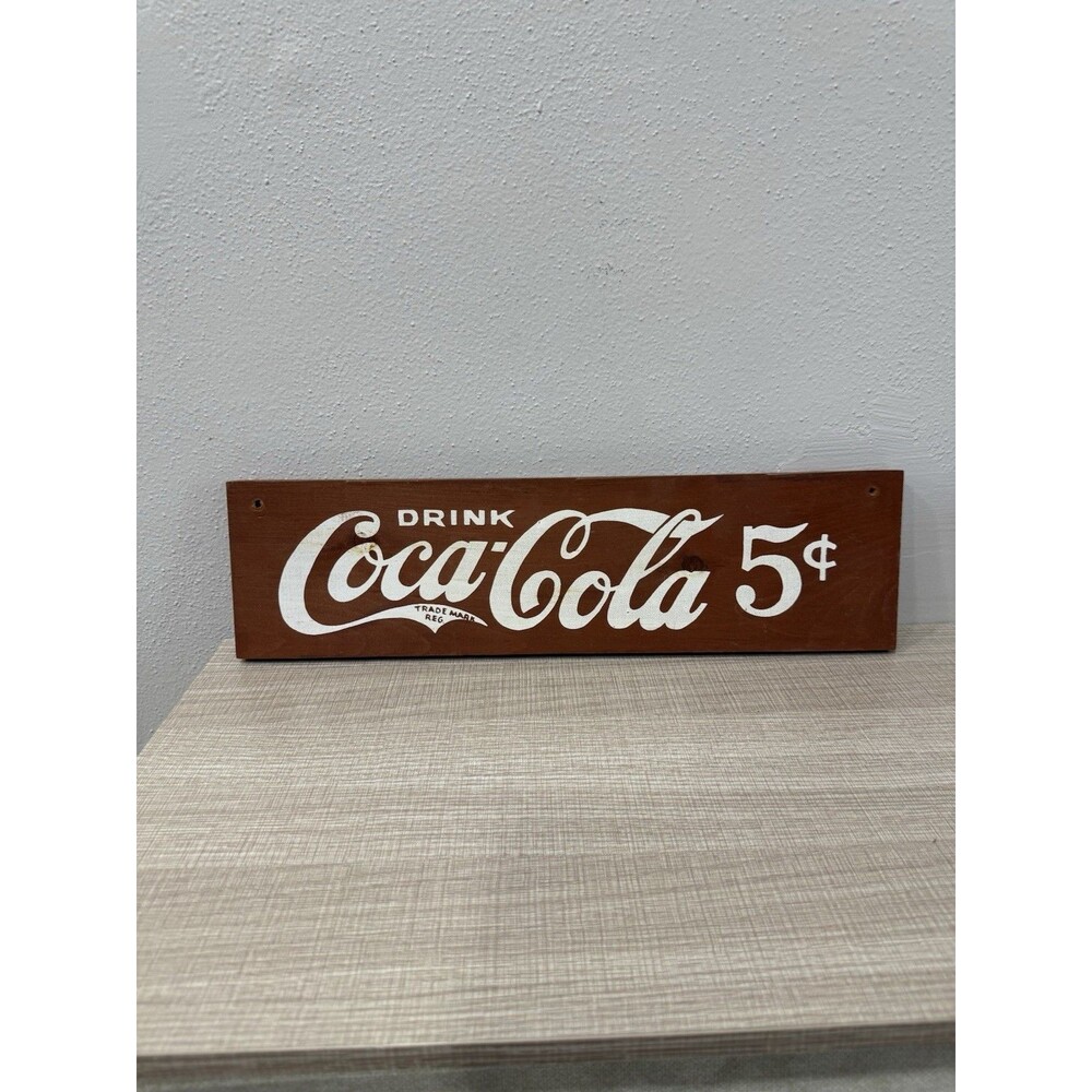 Vintage Coca Cola Wood Sign Hand Painted Plaque Drink 5 Cents Retro Wall Decor